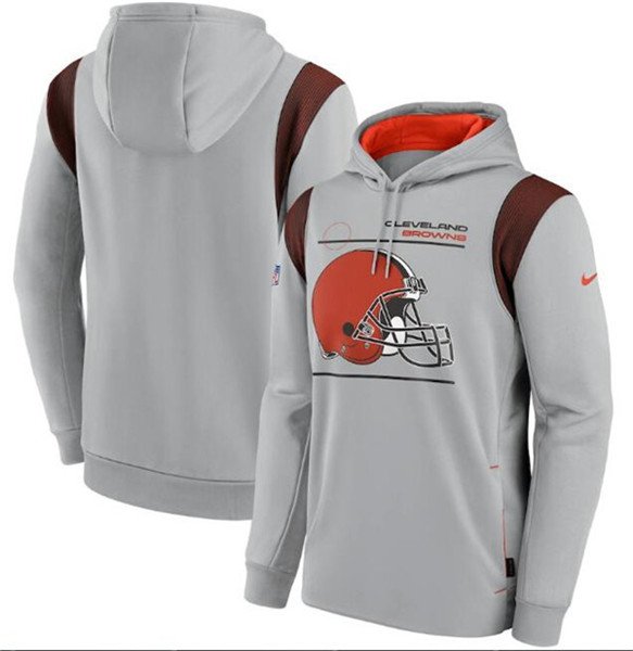 Men's Cleveland Browns 2021 Gray Sideline Logo Performance Pullover Hoodie - Click Image to Close